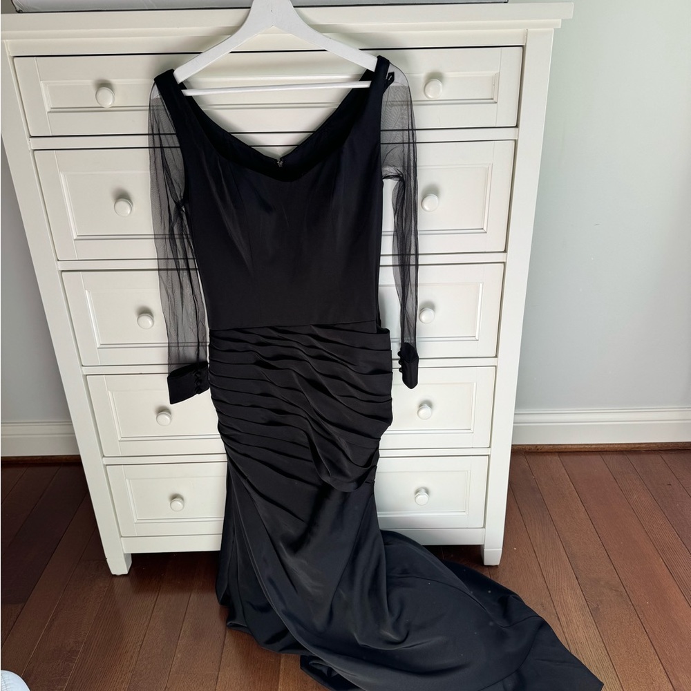 La Femme Black Long Sleeve Evening Gown with Sheer Sleeves
